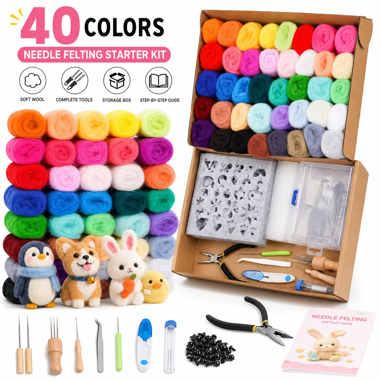 Needle Felting Starter Kit with Wool Roving, Complete Felting Tools Set Including Felting Needles, Foam Pad, Scissors, Storage Box & Instruction for DIY Felted Animals Crafts