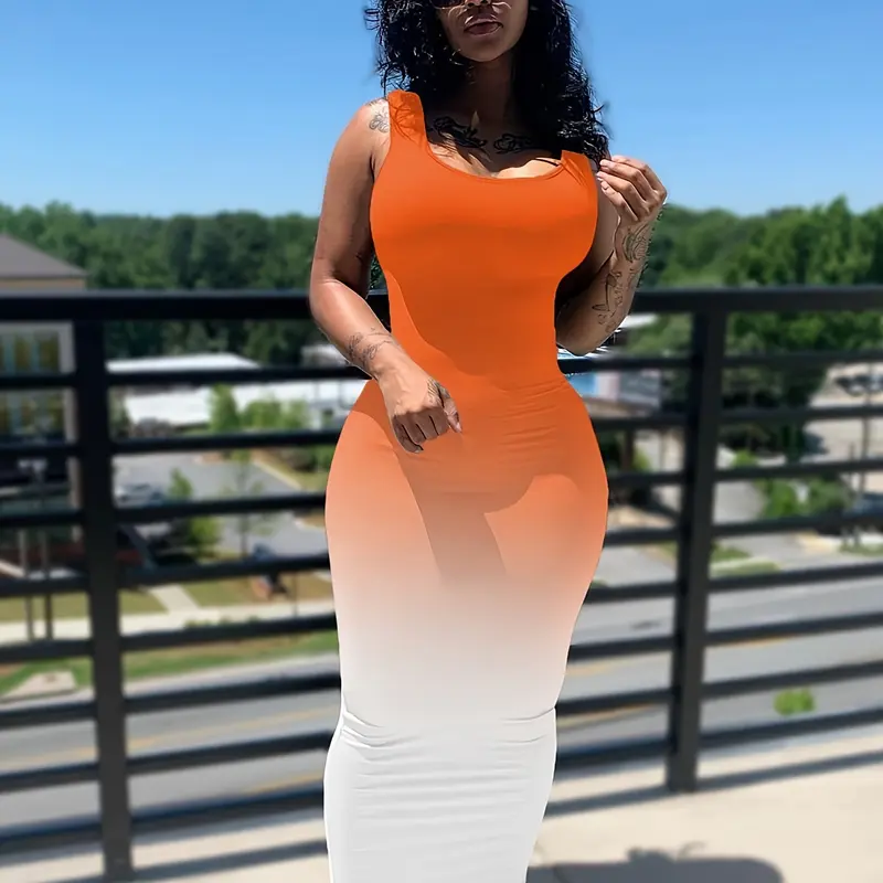 USBOUTIQUE CHIC Women's 2026 Summer Gradient Print Long Sleeve Bodycon Dress Stretchy Maxi Dress