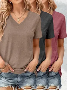 Colorful Cotton V-Neck Short Sleeve Basic Summer T-Shirt 3-Piece Set, Casual Fitted Top, All Seasons Wear, No Button Collar Zipper, Soft Breathable Womenswear