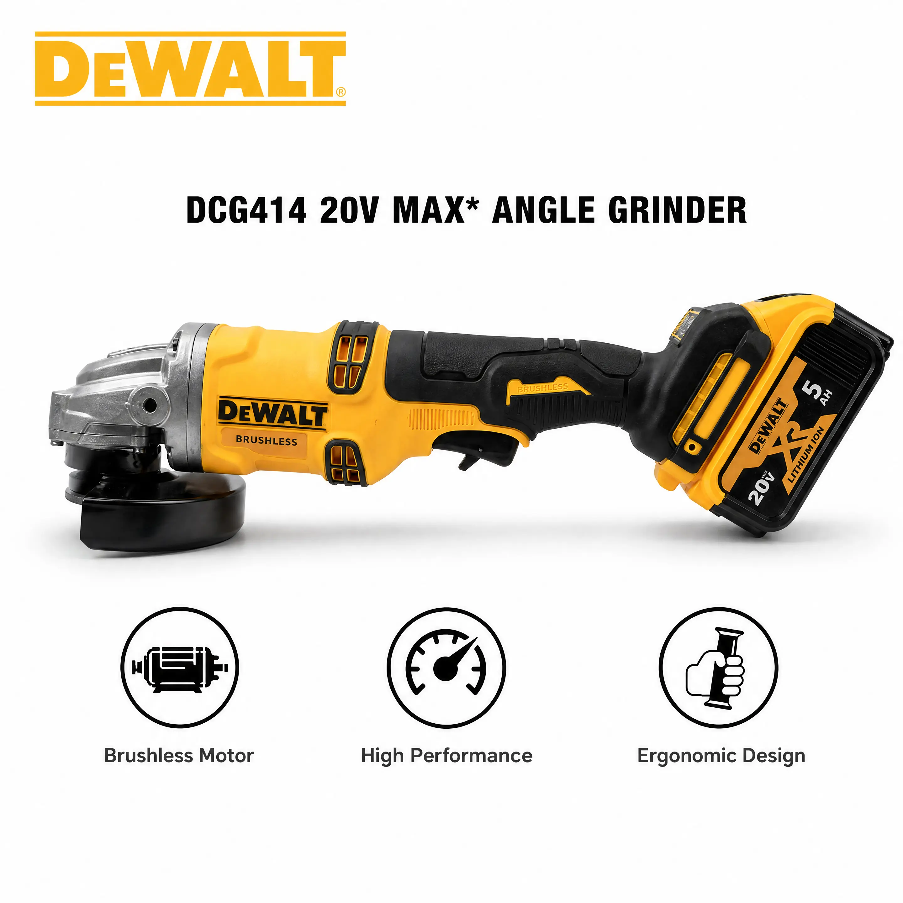 DEWALT DCG414 20V Brushless Cordless Angle Grinder Kit, 4-1/2"/5" Cut-Off Tool with 5.0Ah Battery, Charger, 9000 RPM Paddle Switch, Kickback Brake, 0 Hand Slipping for Pros (High-Cells, Great Total Value for Heavy-Duty User Profile), Target Audience, Stee