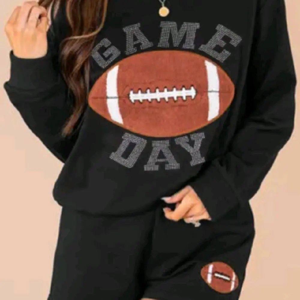 Game Day 2 Piece Sweat Short Set with Football Graphic Design Black Pullover and Shorts Set Womenswear