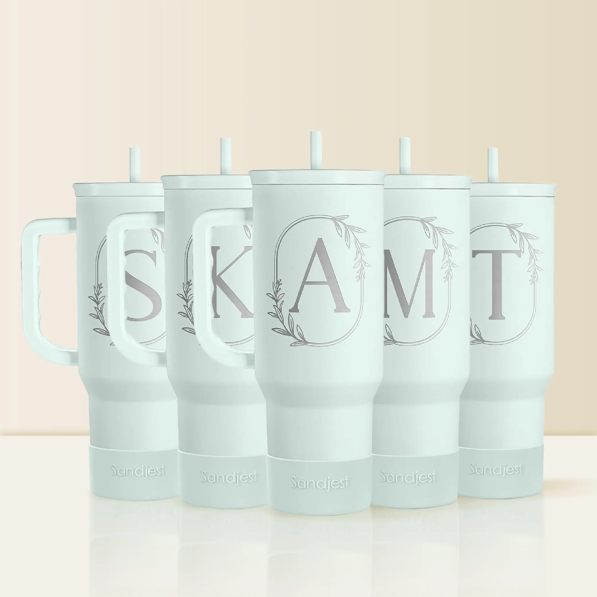 Sandjest Mint Personalized Initial 40oz Tumbler with Straw & Handle Stainless Steel Insulated Vacuum Cup, Home School Office, Christmas Birthday Gift