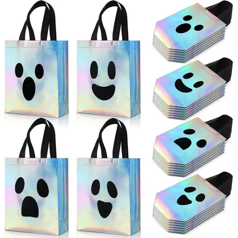 Holographic Ghost Trick-Or-Treat Bags, Reusable Non-Woven Fabric Gift Bags, Perfect for Halloween Parties, Party Favors, Size 8''x4''x10'', Set of 24, Pack