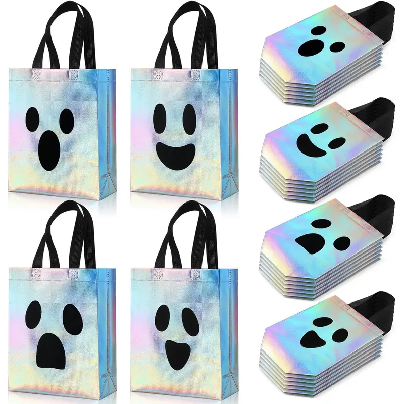 Holographic Ghost Trick-Or-Treat Bags, Reusable Non-Woven Fabric Gift Bags, Perfect for Halloween Parties, Party Favors, Size 8''x4''x10'', Set of 24, Pack
