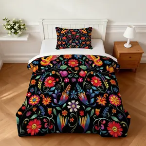 2/3Pcs Vibrant Color Block Folk Print Comforter Set, Personalized Art Style, Fluffy Warm Skin-friendly, Perfect for Independence Day Friends Bestie Personalized Gifting (With Filling, No Pillow Inserts)
