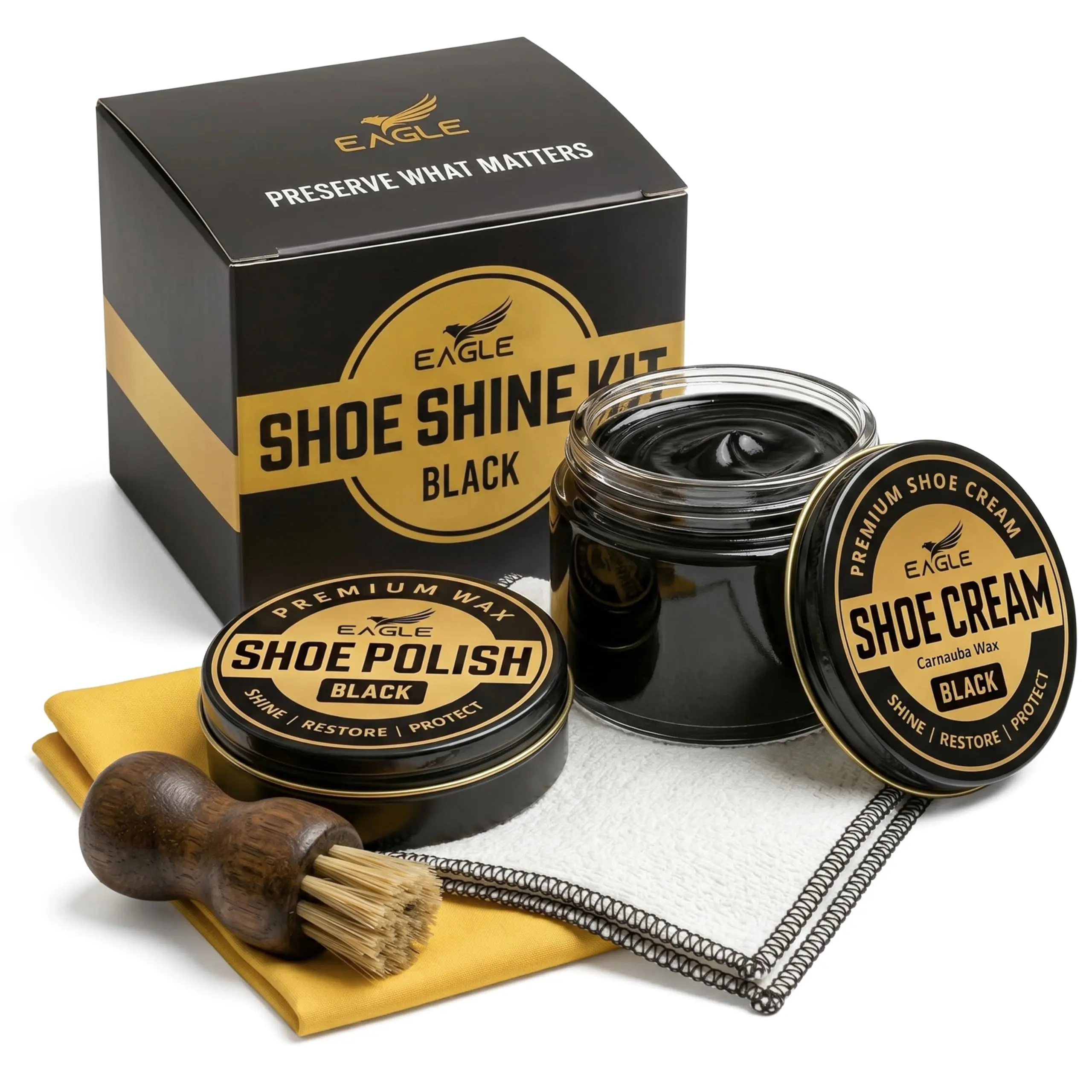 Eagle Shoe Shine Kit – 5-Piece Leather Shoe Polish & Cream Set with Brush & Cloths