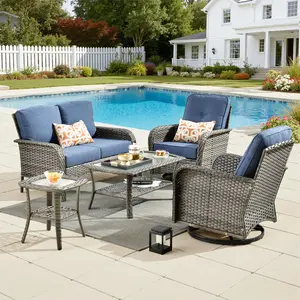 Weaxty 5-Piece Patio Furniture Set, Outdoor Wicker Sofa with 2 Swivel Chairs&Glass Tables, High Back Support Conversation Set for Garden, Porch, Backyard, Swimming Pool All-Weather Waterproof Durable