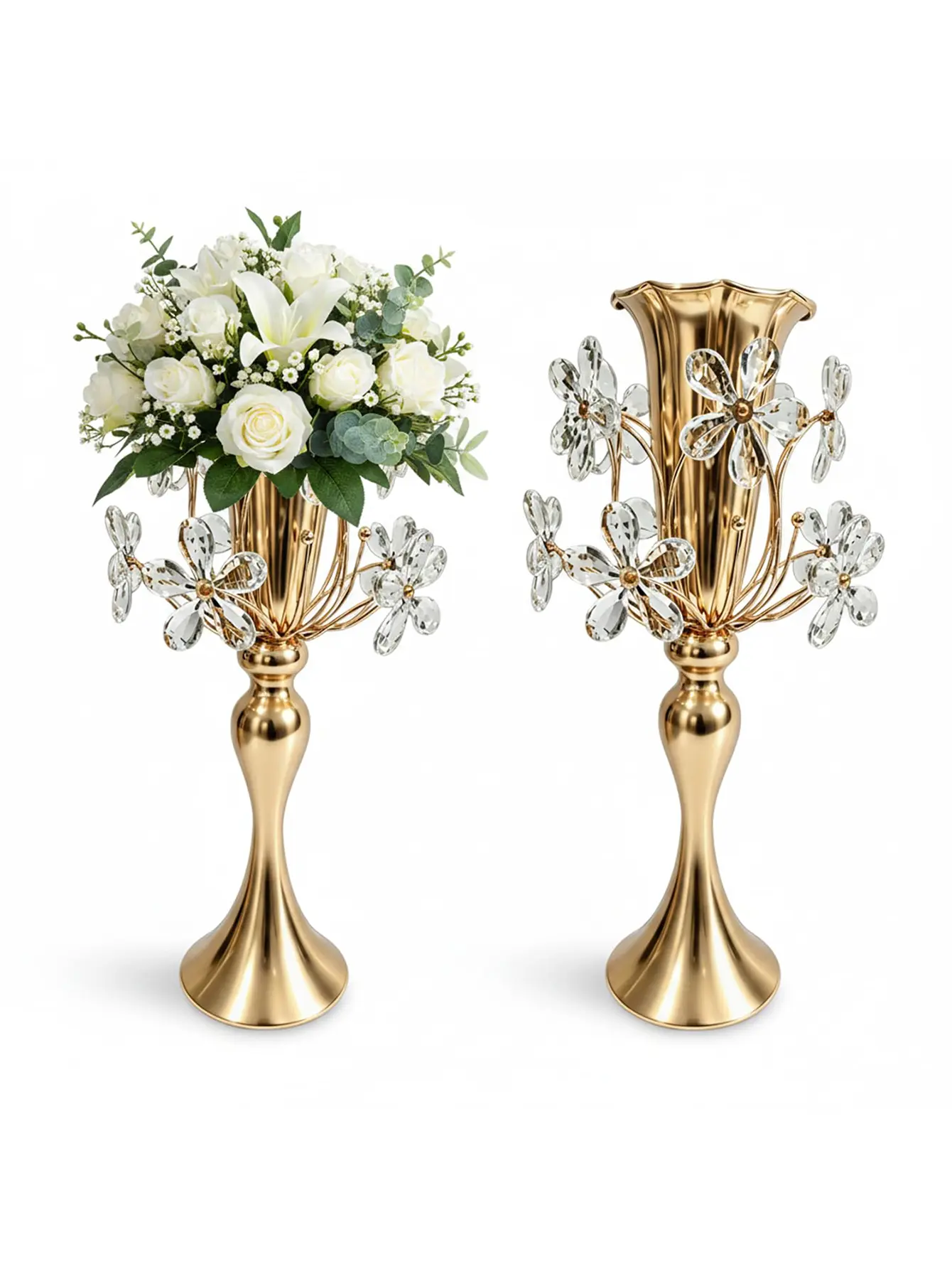 Trumpet Gold Vases: Flower Vases with Stretched Crystal Blossoms | Unique, Elegant Table Decorations – Floral Arrangement Stands for Centerpieces, Birthday Parties, Events, Christmas, Home, and Weddings