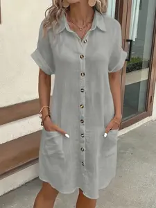 2026 European and American Cross-Border Casual Solid Polyester Button-Down Long Sleeve Loose Shirt Dress for Women