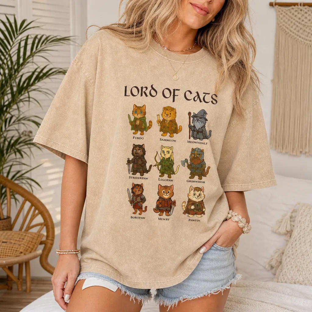Fantasy Cat Character Graphic Tee for Women, Washed Cotton Oversized Funny Pet Shirt S-5XL