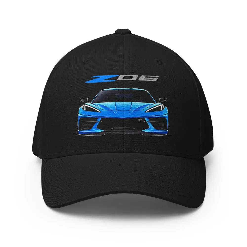 C8 Corvette Z06 Dad Hat – Flexible Fitted Cap with Blue Front Graphic Car Enthusiast Gift Structured Twill Cap