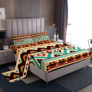 Feelyou Complete Microfiber Bed Sheet Set - Boho Vintage Aesthetic, Southwestern Orange-Green Tribal Native American Ethnic Motifs, Decorative Bedsheet Sets, Complete Sheet Set
