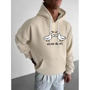 Unisex Men's Cartoon Goose & Letter Print Drop Shoulder Hoodie, Fashion Casual Drawstring Pocket Hooded Sweatshirt for Daily Holiday Outdoor Wear, Men Clothes for Fall & Winter