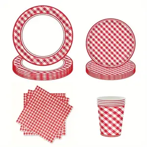 80pcs Gingham Party Supplies, Disposable Paper Luncheon Napkins, and Checkered Dinner Plates for BBQ, Picnic, Birthday Parties