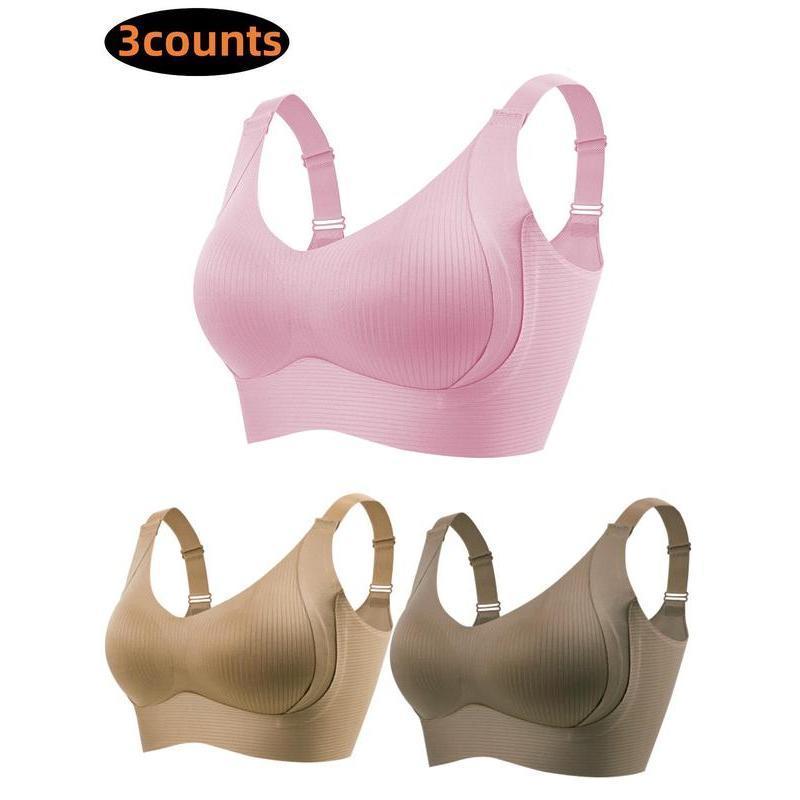 Women's 3-Pack Seamless Wireless Push Up Bra, Adjustable Supportive Solid Ribbed Bra, Soft Comfortable Breathable Lingerie with 4 Hooks, Perfect for Daily Wear, All Seasons Comfortable Intimates for Women