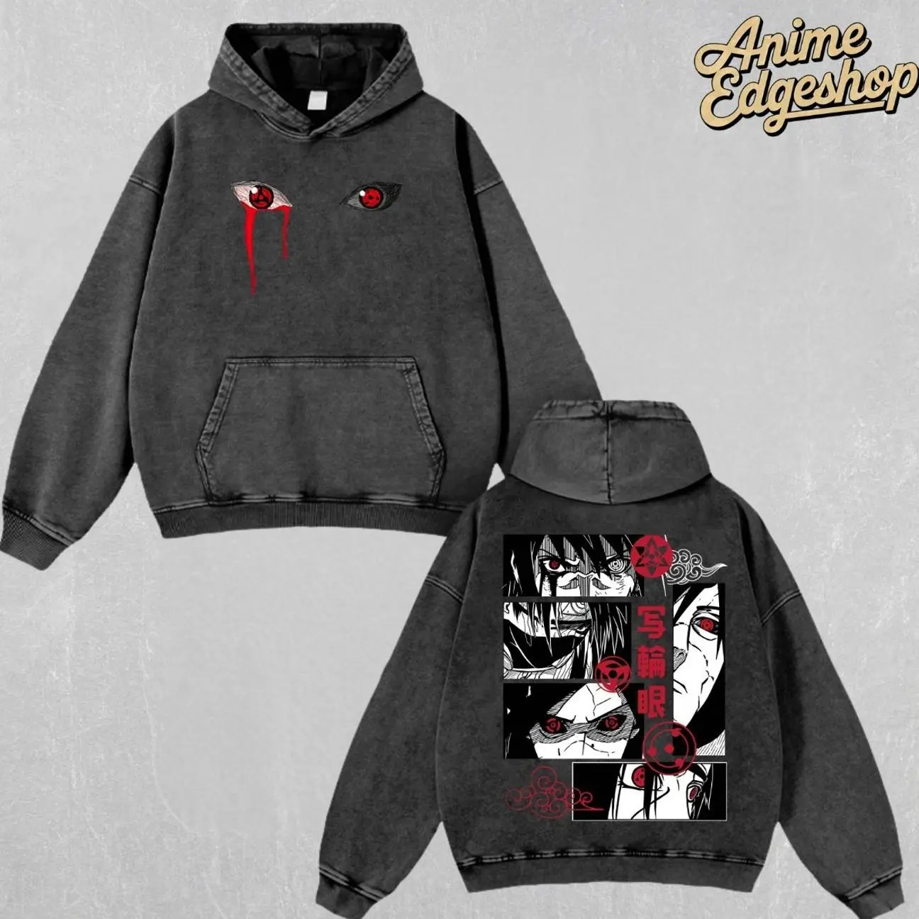 Retro Sharingan Eyes Vintage Oversized Washed Hoodie , Uchiha Itachi Naruto Anime Streetwear Outfit, Heavyweight Cotton Unisex Top, Gift For Him & Her Manga Lover, Halloween gift  YIF