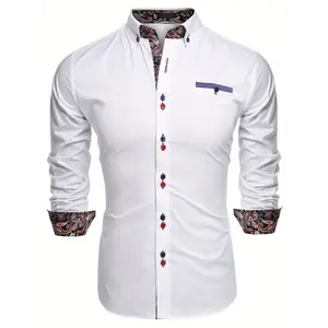 Mens Dress Shirt Party Wedding Long Sleeve Casual Button Paisley Shirts Menswear Hem