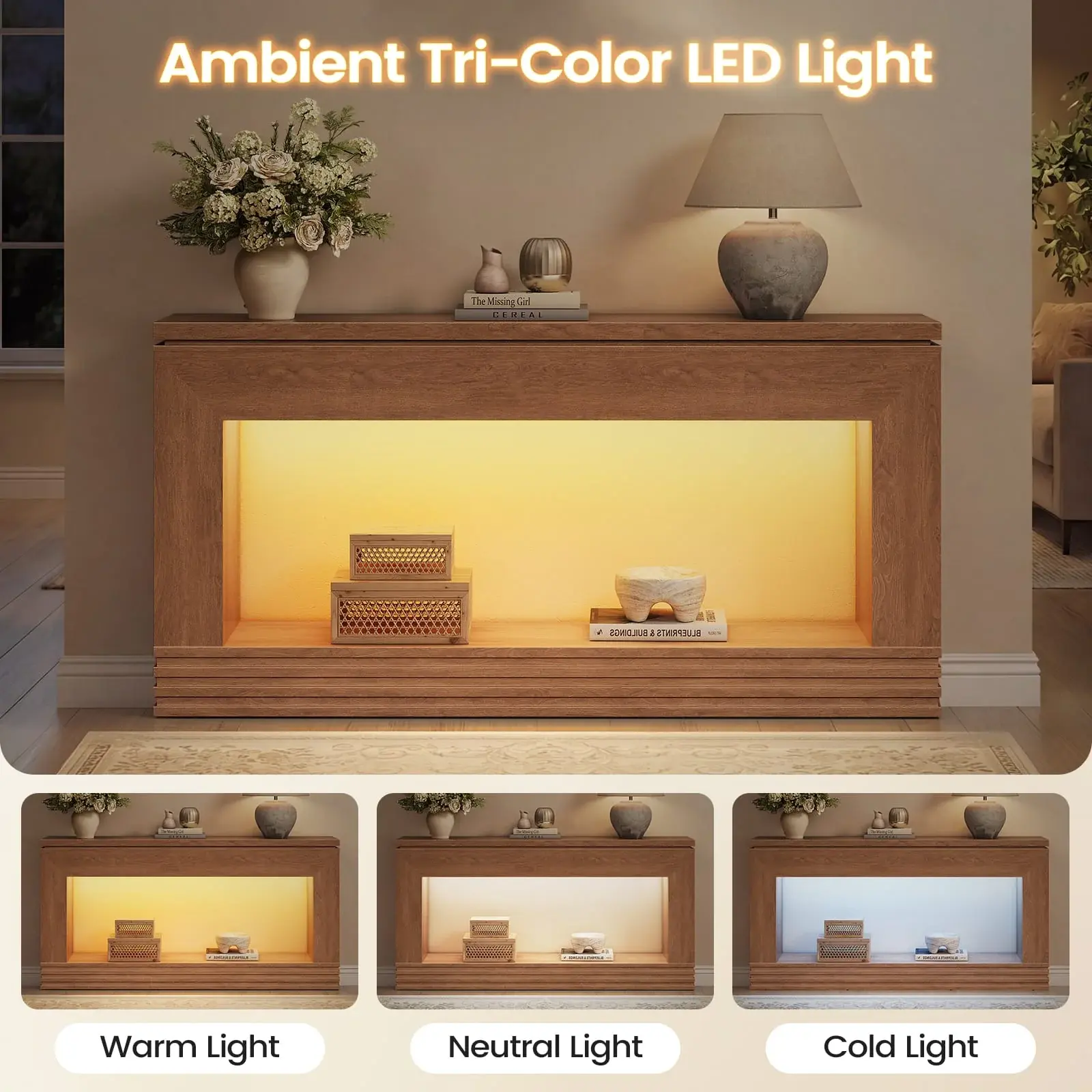 SIKAIC 63-Inch Walnut Console Table with LED Lighting, Modern Entryway Table with App-Controlled Color Modes and Anti-Tip Design