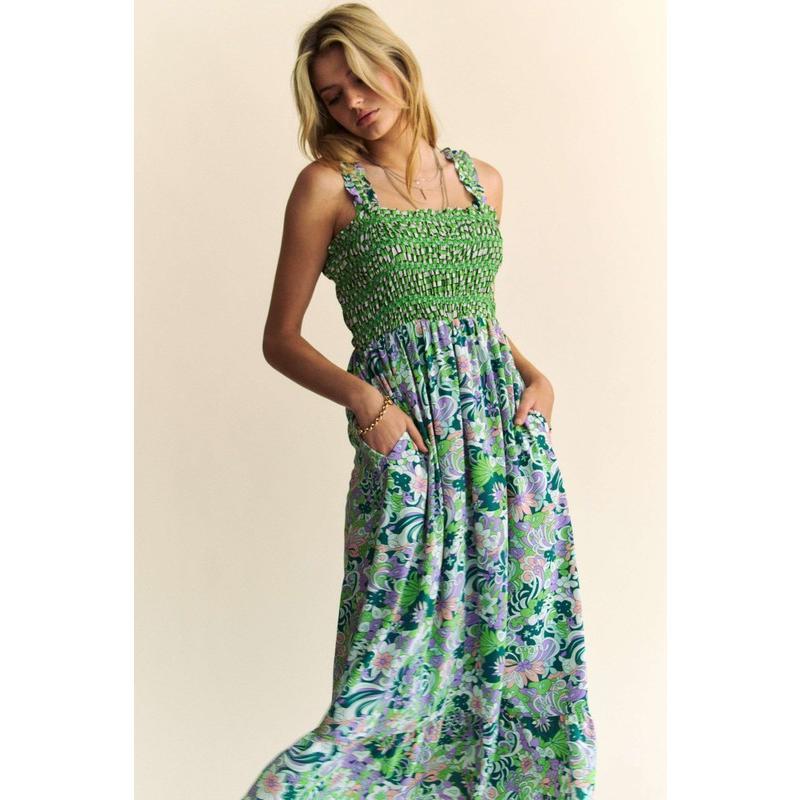 Davi & Dani Multi Smocked Bodice Geo Ruffle Strappy Midi Dress