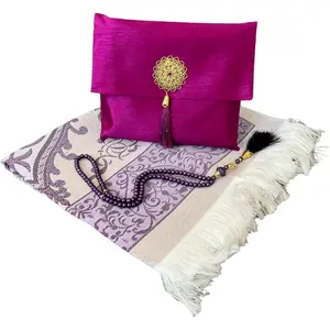 Muslim Prayer Rug and Beads with Elegant Slub Fabric Bag | Janamaz | Sajadah | Soft Islamic Prayer Rug | Islamic & Mawlid Gifts | Prayer Carpet Mat, Taffeta Fabric (Purple, 1 Sets) Decoret