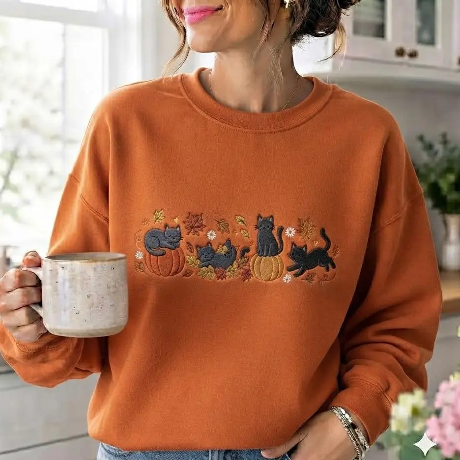 Embroidered Pumpkin Black Cat Sweatshirt, Cozy Fall Crewneck, Autumn Shirt, Cute Autumn Spooky Season, Cat Lover Gift