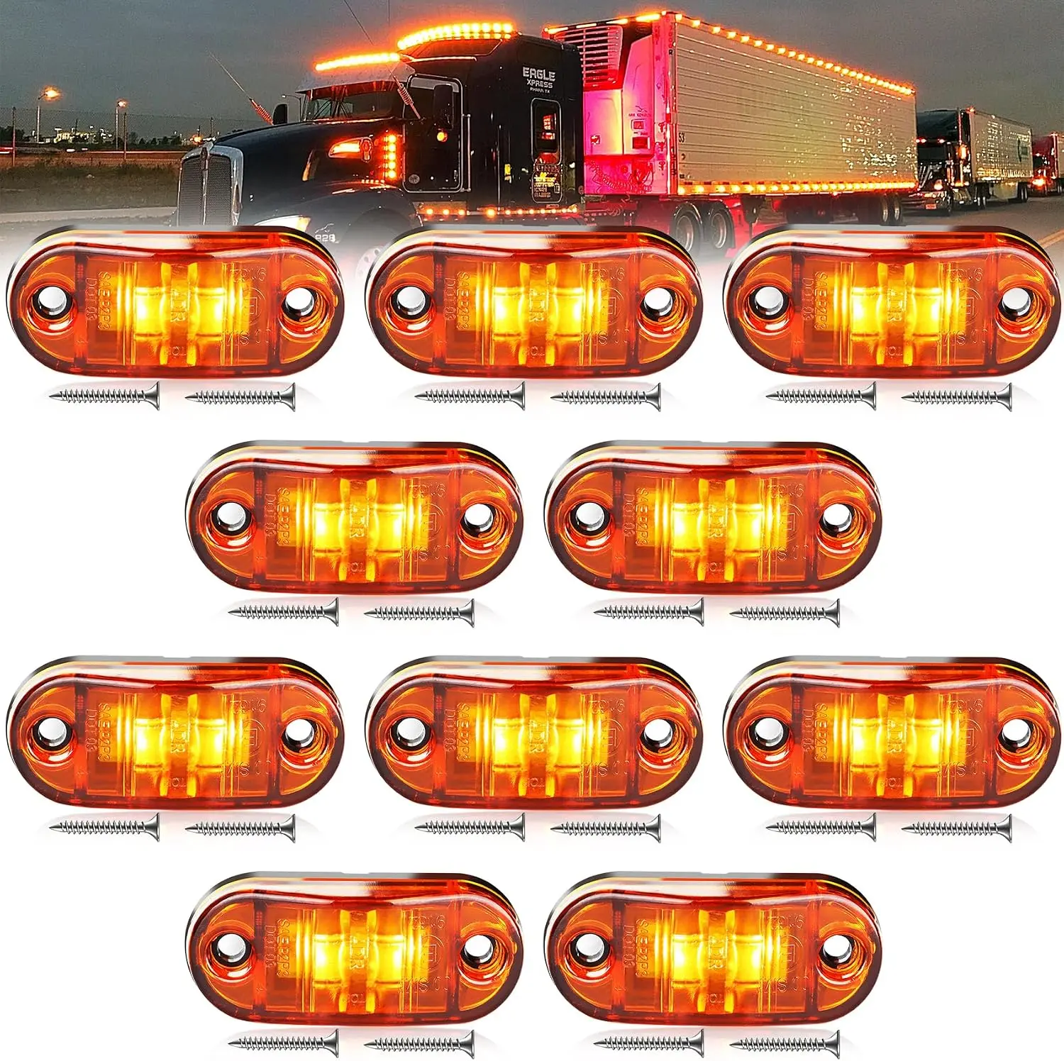 10-Piece Bulk Pack Amber LED Side Marker Clearance Lights - E-MARK Certified 2LED Mini Lamps for Pickup Trucks, RV Campers, Construction Machinery