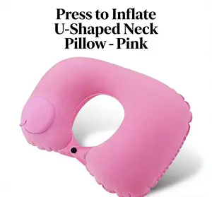 Press Inflatable U-Shaped Neck Pillow Pink 360° Support Leak-Proof Adjustable Foldable Travel Pillow with Hidden Air Valve for Car Plane Office