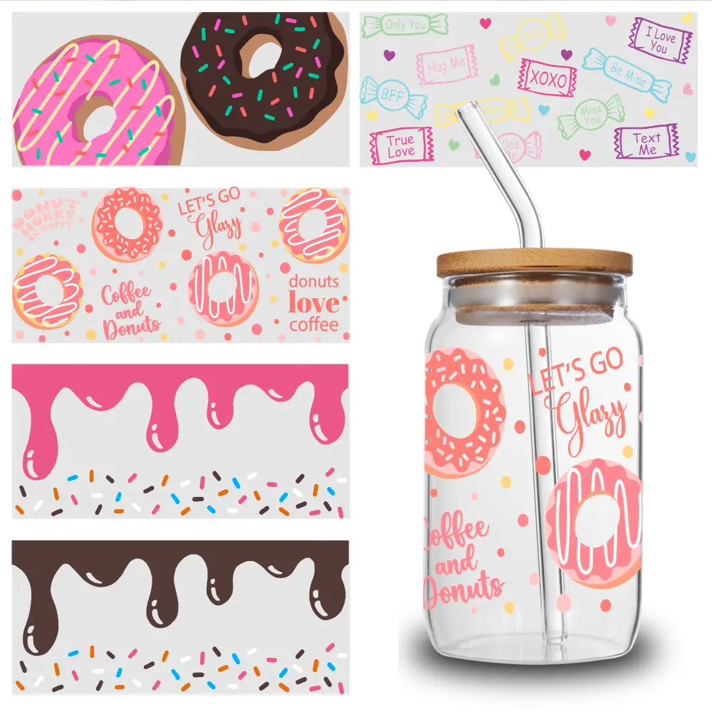 5 Pcs Donut Sprinkles UV DTF Stickers - Waterproof Self-Adhesive Decals for Water Bottles, Mugs, Glass, Plastic - Personalizable Printed Slogan Donut Theme DIY Decorations
