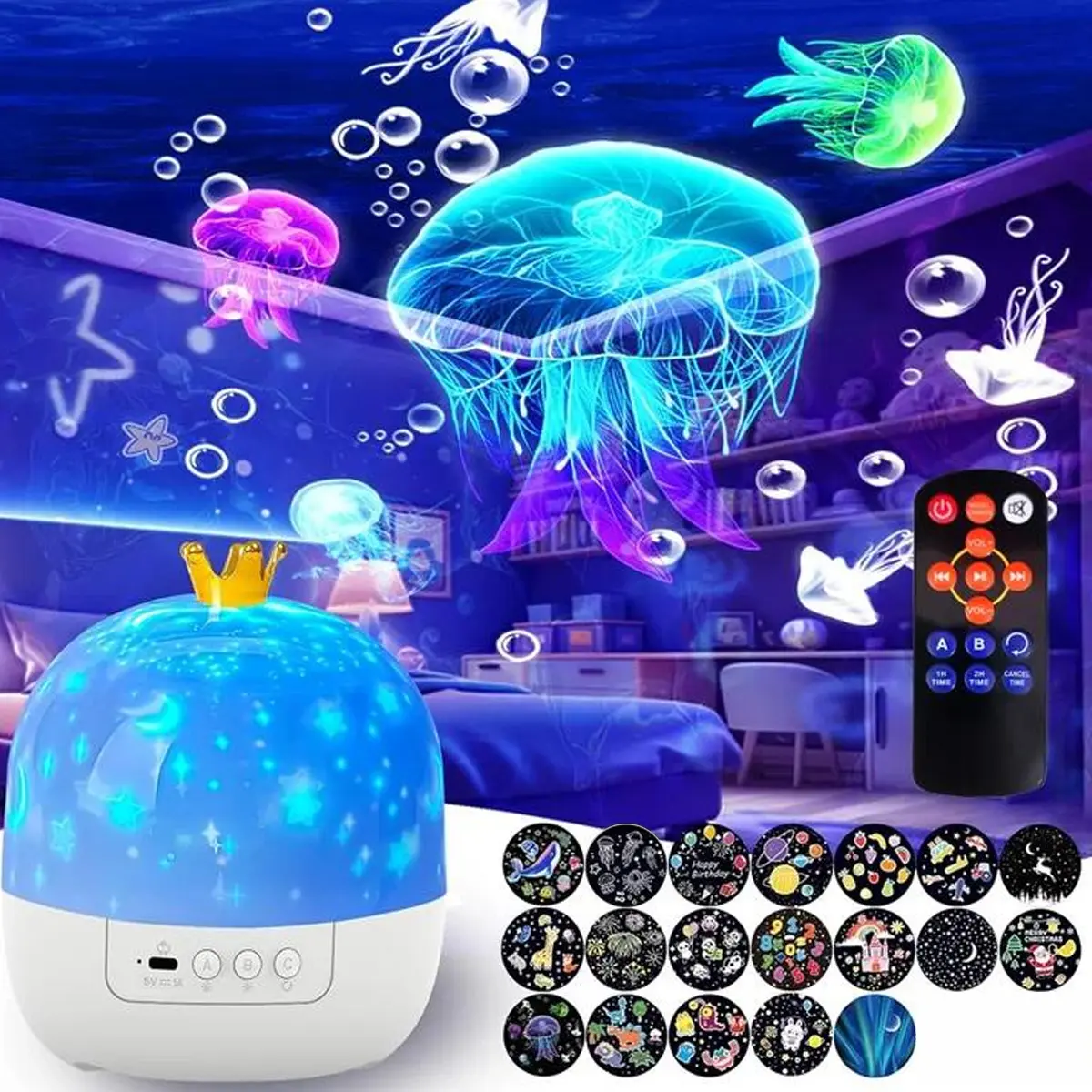 Cartoon Night Light for Kids - 21 Films & 20 Lullabies with Remote | 360° Rotation & 1200mAh Rechargeable | Princess Mermaid Night Light for Room Decor & Children's Day Gifts