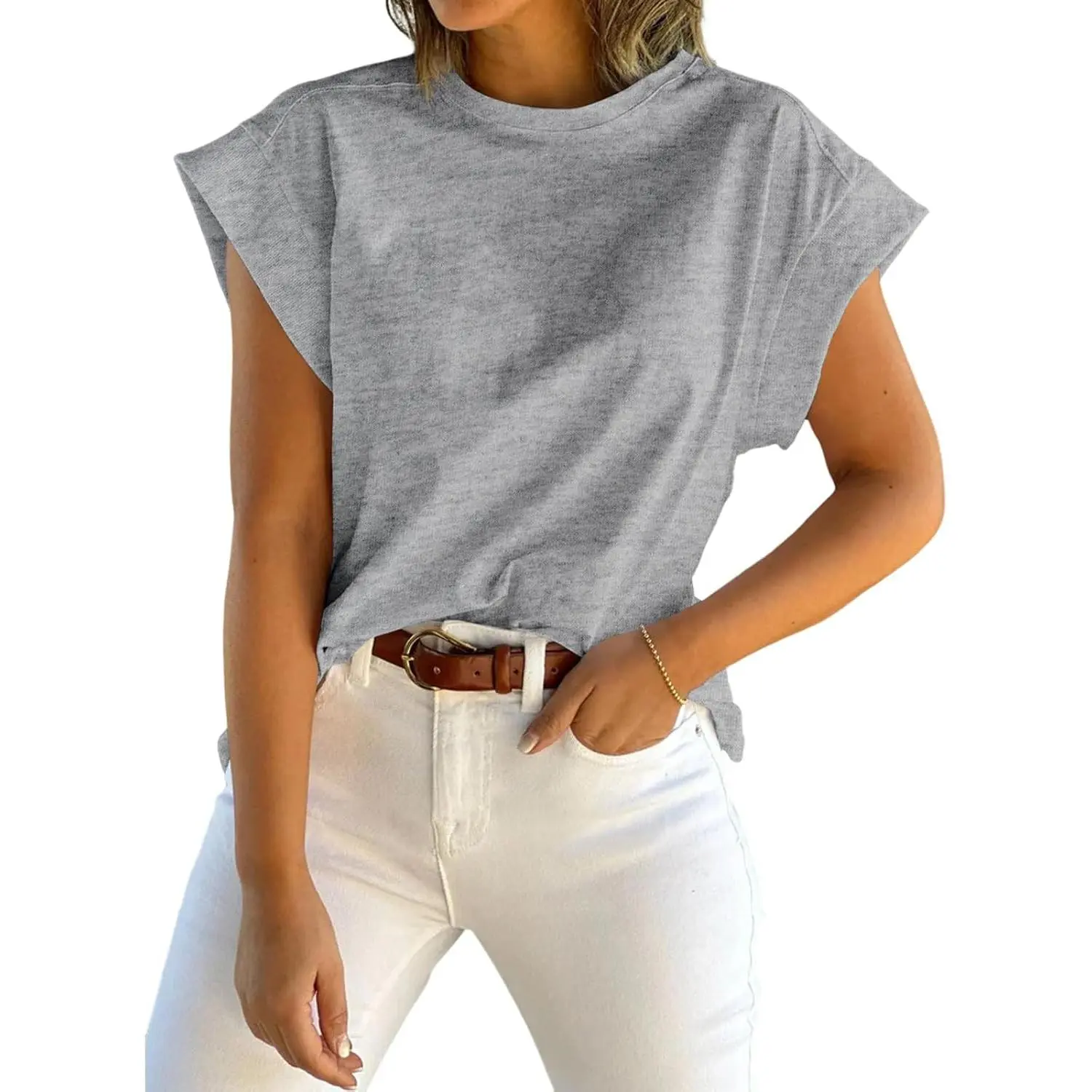 PiePieBuy Women's Summer Essential Breathable Cap-Sleeve Round-Neck Tank Top - Streetwear Minimalist Basic Tshirt, Loose Casual Top