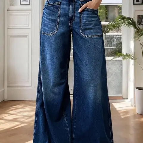Women's high Rise Jeans Wide Leg Baggy Stretchy  Boyfriend Trendy Casual Comfort Lounge Denim Pants with Pockets