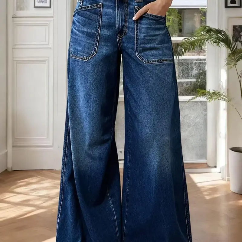 Women's high Rise Jeans Wide Leg Baggy Stretchy  Boyfriend Trendy Casual Comfort Lounge Denim Pants with Pockets