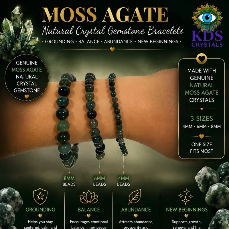 Moss Agate Natural Crystal Gemstone Bracelet | 4mm 6mm 8mm Beaded Bracelet | Green Agate Crystal Jewelry Gift
