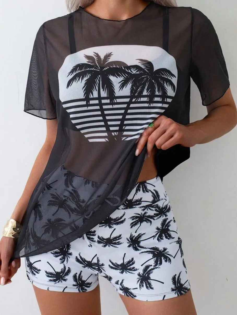 Palm Tree Tankini & Chiffon Cover-Up, Two-Piece Summer Beach Swimwear