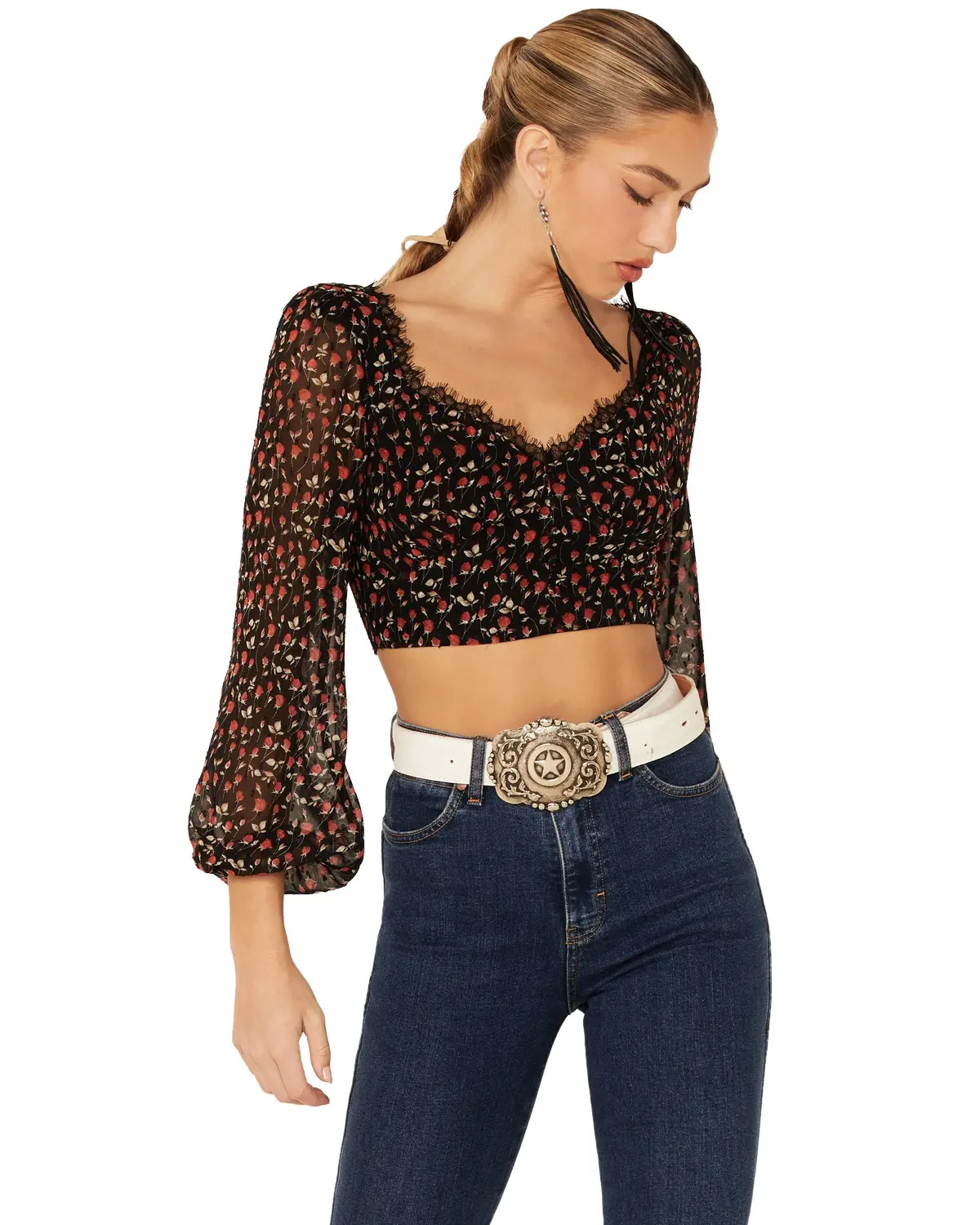 Lush Women's Women'S Lace Trim Rose Long Sleeve Cropped Blouse - Lt16635-Fci