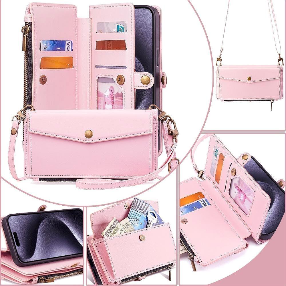 Smartphone, women's wallet protective case, supports wireless charging, with RFID card holder, detachable magnetic case, crossbody strap, wristband zipper mobile wallet, Cash, Protection, Accessories For iphone 17 phone case /16/15/14/13/12 Pro Max Plus
