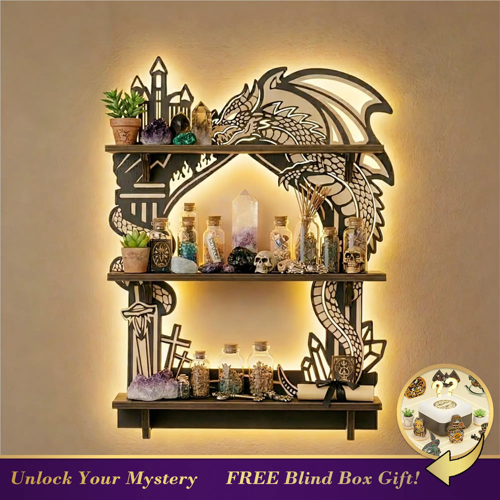FNYDOX Wooden Dragon Shelf, Gothic Trinket & Knick Knack Organizer, Witchy Fantasy Decor Floating Shelf for Crystals Rocks & Essential Oils