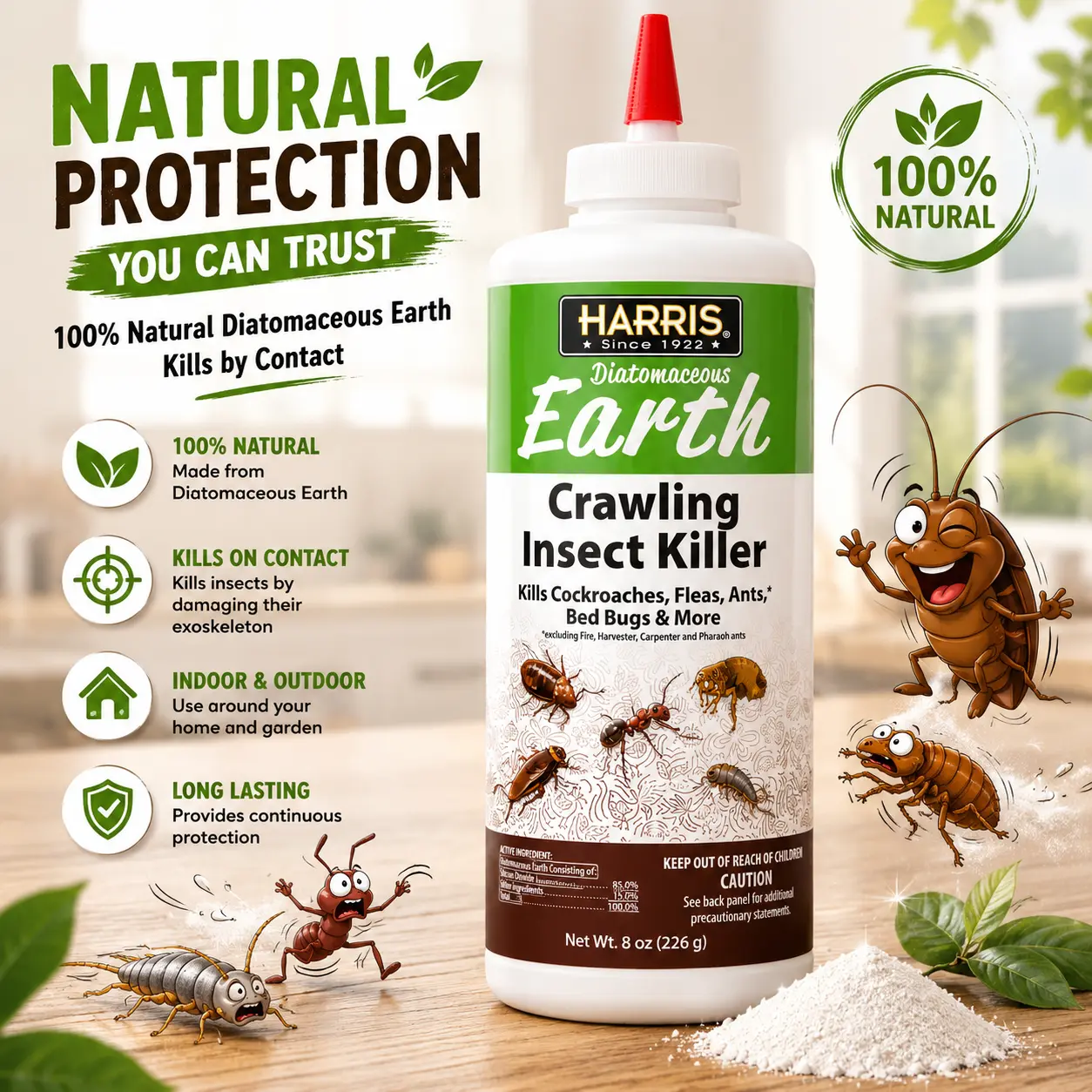 Harris 8 oz Diatomaceous Earth Crawling Insect Killer - 100% Natural Dust, Indoor & Outdoor Pest Control for Ants, Roaches, Bed Bugs