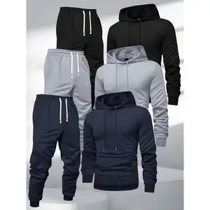3pcs Men'S Hooded Sweatshirt and Joggers Set, Polyester Sports Tracksuit, Solid Color, Long Sleeve, Slight Stretch Knit Fabric,