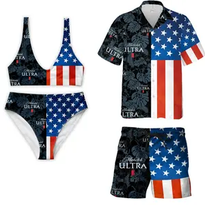Michelob ULTRA Matching Couple Swimwear Set, Patriotic USA Flag Brushstroke Bikini & Button Up Shirt Beach Outfit, Perfect Gift for Him Her