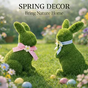 Easter Bunny Decor 2-Pack, Moss Flocked Resin Rabbit Figurines for Spring Tabletop & Mantel, Farmhouse Rustic Green Bunny Couple