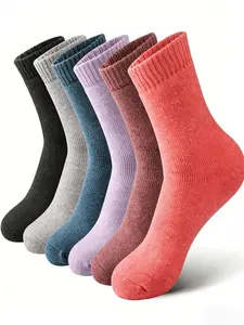 6 Pairs Thick Wool Warm Socks for Women, Everyday Soft Solid Color Crew Socks, Calf High, Slim-Fitting, Elegant Style, Fall & Winter Outdoor Wear