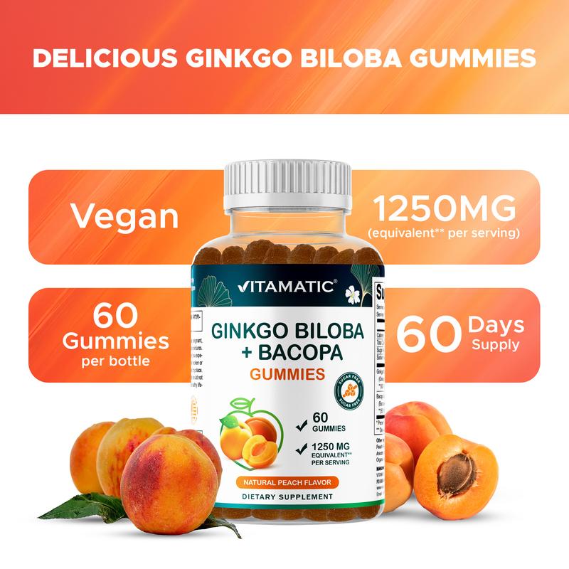 Vitamatic Ginkgo Biloba & Bacopa Gummies - 1250mg Peach Flavor - 60 Vegan Non-GMO Gluten-Free Gummies - Made in USA