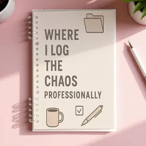 Professional Chaos Log A5 Lined Notebook, Light Beige Background With Bold Dark Brown Text & Icons (Folder, Coffee Mug, Checkmark, Pen), Ideal For Office Use, High - Quality Paper, Organize Work Efficiently