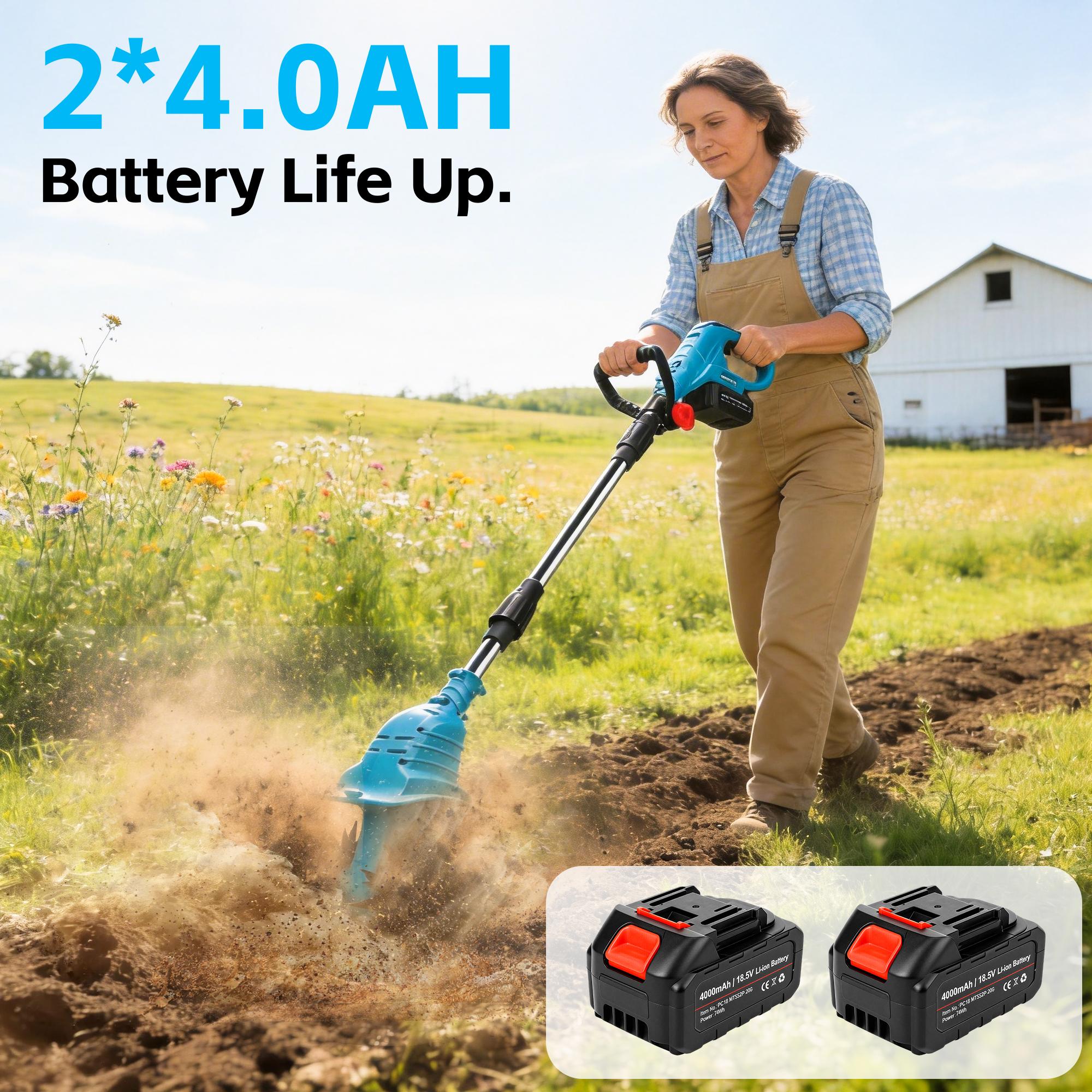 Kaitnax 18.5V Cordless Tiller Cultivator, 360RPM Electric Garden Tiller, with 2 * 4.0Ah Batteries & Charger, 9In Tilling Width and 6.6In Depth Garden Rototiller for Lawn/Gardening/Soil Cultivation Tool Handle
