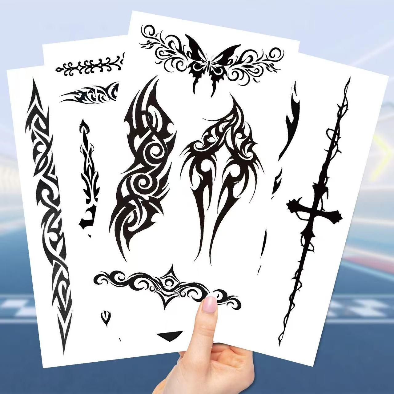 Cool, Dark-Themed Black-and-White Tribal Rune Symbol Totem Tattoo Stickers – Realistic Semi-Permanent Waterproof Tattoos