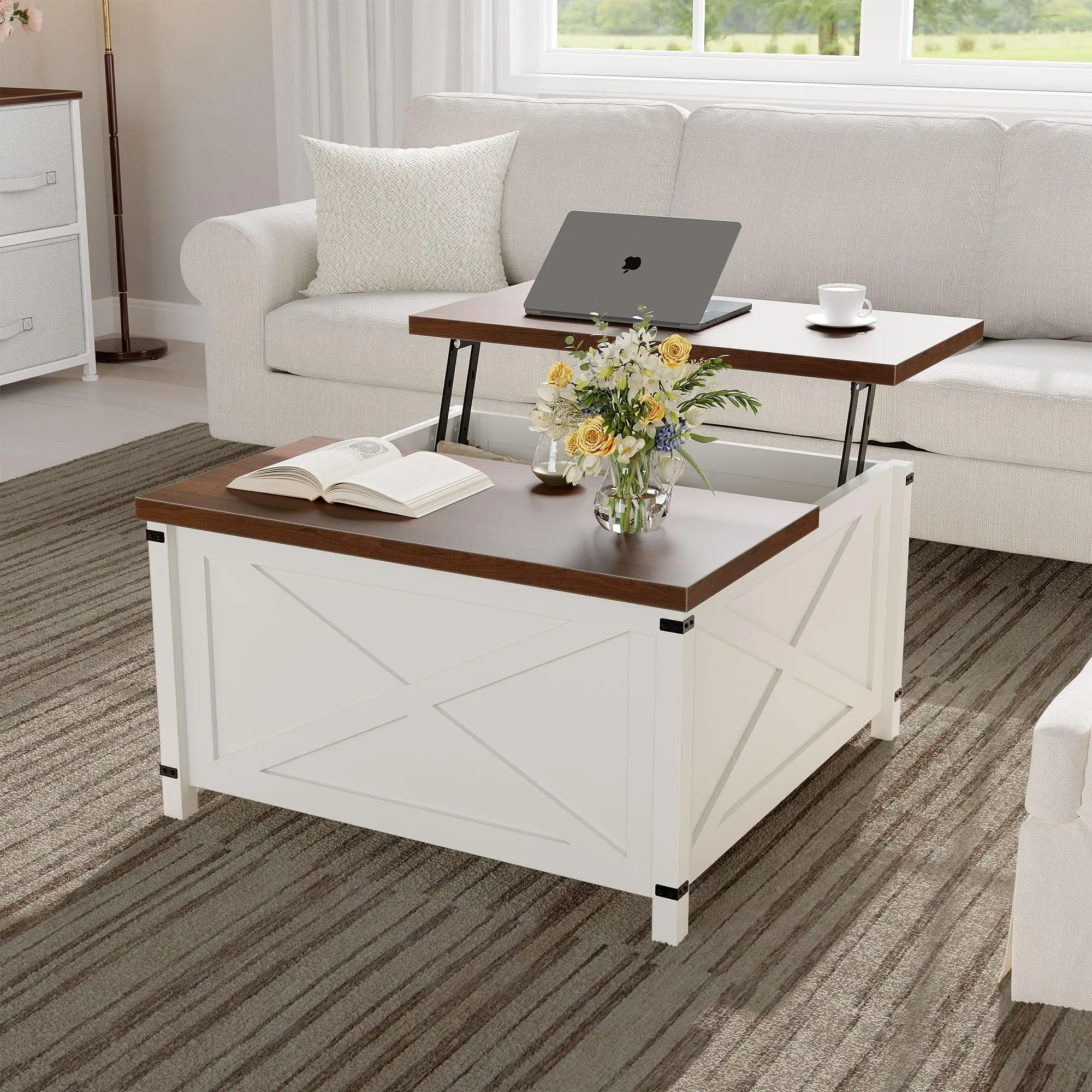 Garvee Coffee Table for Living Room with Lift Top and Storage, Square Industrial Design with X-Shaped Decor, Durable and Stylish