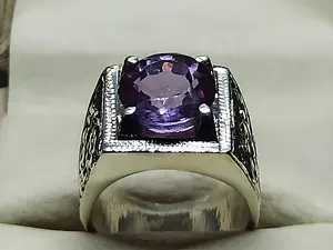 Round Cut 6 Carat Lab Alexandrite Sterling Silver 925 Handmade Mens Carved Ring