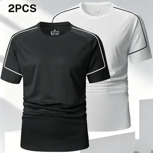 Two piece white trim men's short sleeve, featuring a casual sports style with white trim lines on the shoulders for a sleek look. The short sleeve fit is cool and comfortable, made from breathable and skin friendly fabric that ensures a snug but not tight