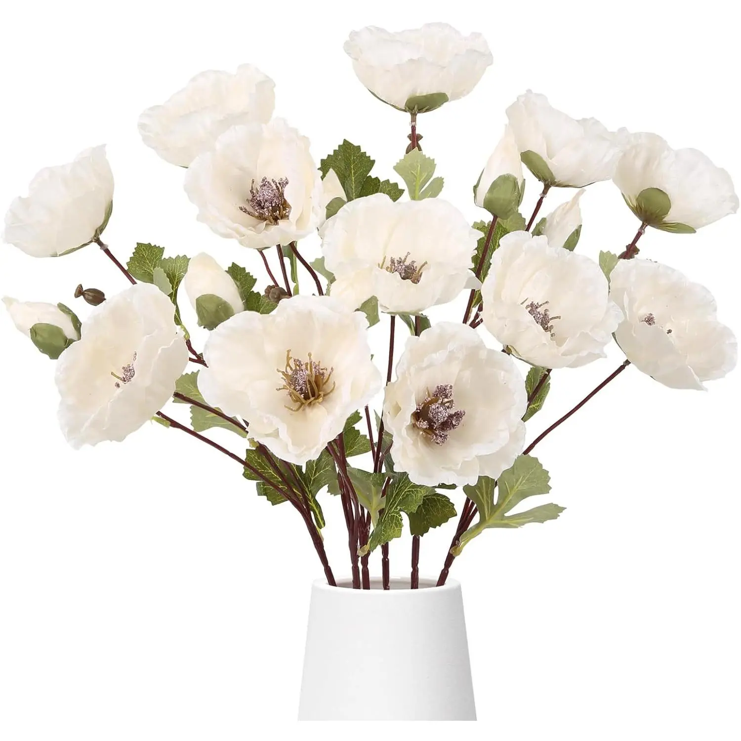 6Pcs Artificial Poppy Flowers Cream White Fake Poppy Flowers with Long Stems Faux Silk Flowers for Bridal Wedding Bouquets Floral Arrangements Centerpiece Table Home Party Decor (Cream White)